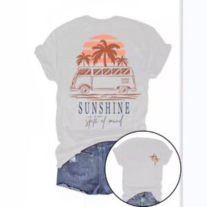 Landscape pattern round neck short sleeved shirt