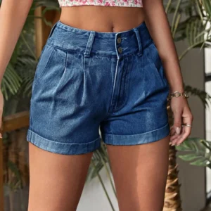 Pleated Detail High Rise Denim Shorts