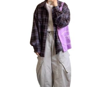 Purple Checkered Shirt Blouse for Women,Style Small Plaid Top with Elegant Feel