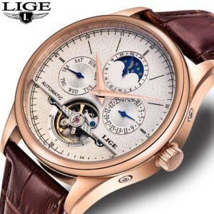 LIGE Brand Men  Leather Casual Business Wristwatch