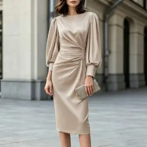 Elegant Satin Ruched Midi Dress – Long Sleeve Evening & Party Dress