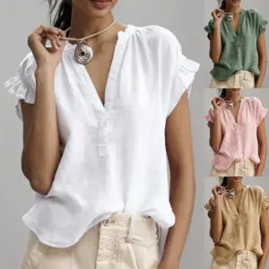 Women's Casual Cotton V-Neck Blouse – Lightweight Top
