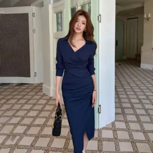 Office  Stripe Long-sleeve Midi Dress