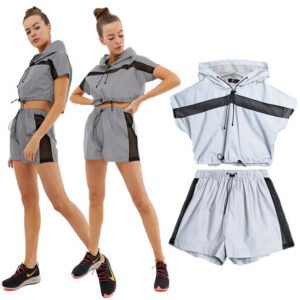 Women's Clothing Fashion Mesh Patchwork Reflective Motion Casual Shorts Suit