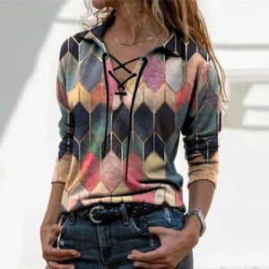 Women Long Sleeve Tied V-neck Top